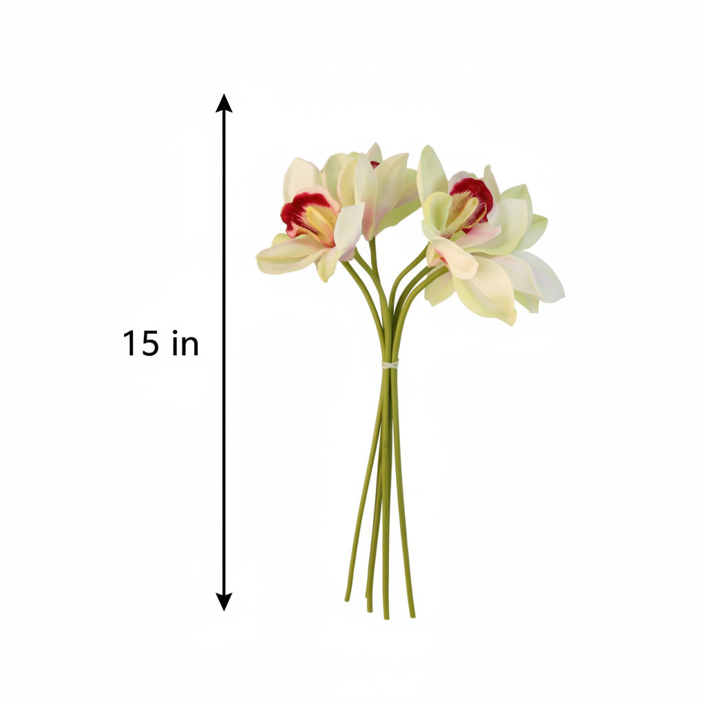 Artificial cream and pale green Cymbidium orchid bouquet with burgundy centers 15 inch height measurement diagram, set of 6 faux orchid stems standing upright on white background