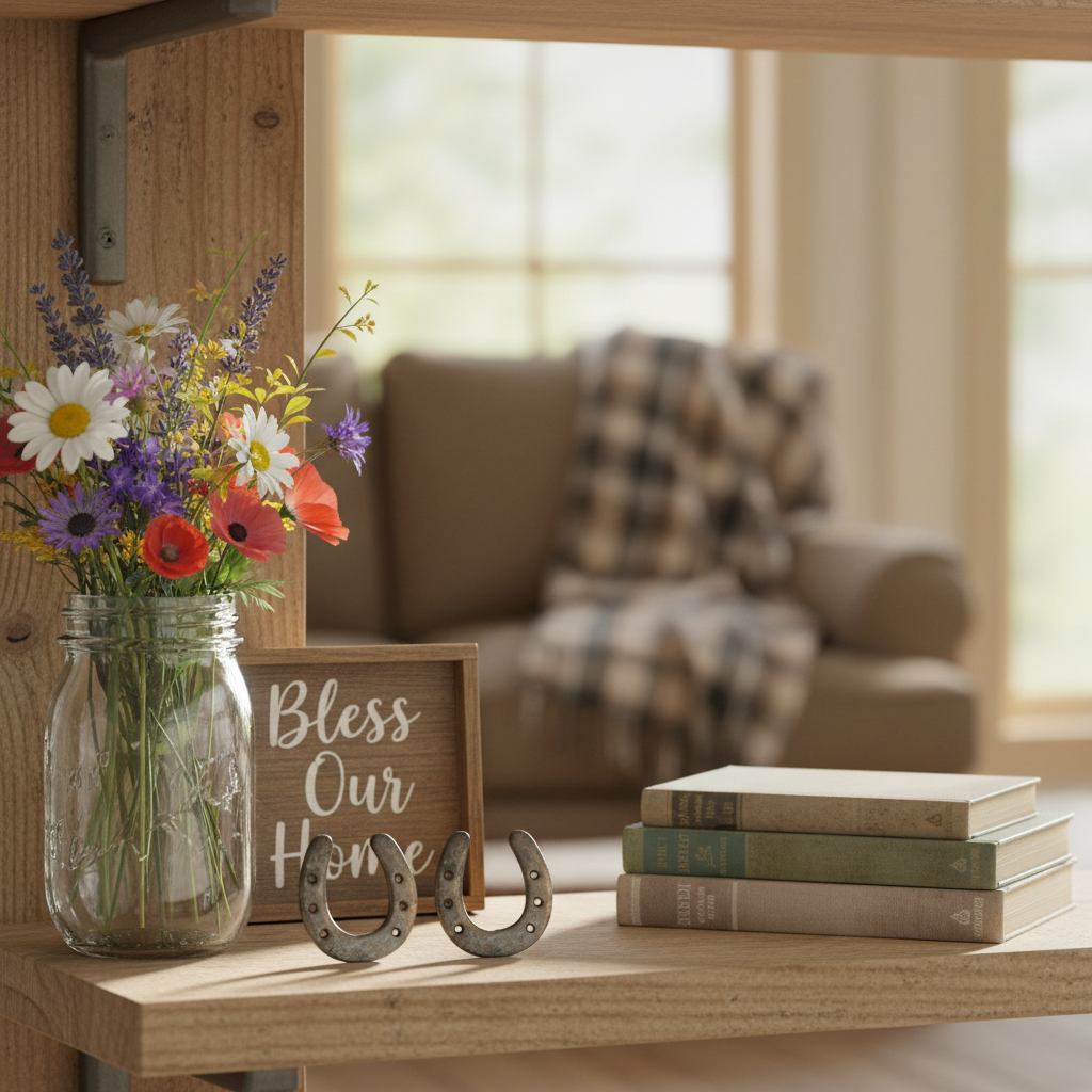 Two small rustic iron horseshoes styled on a farmhouse wooden shelf next to a mason jar with wildflowers, wooden sign and stacked books