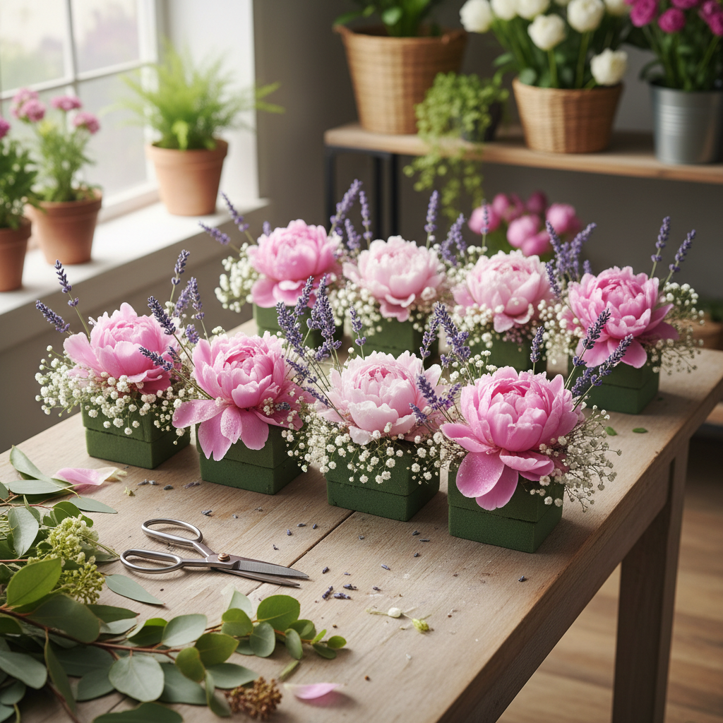 Florist arranging fresh pink peonies and lavender into six small wet floral foam blocks on bright DIY work table