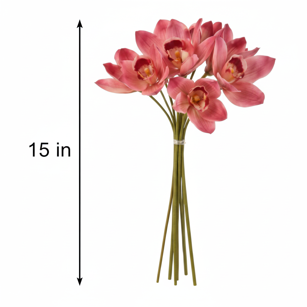 Artificial pink and burgundy Cymbidium orchid bouquet 15 inch height measurement diagram, set of 6 faux orchid stems standing upright on white background