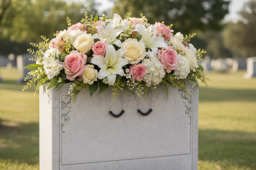 Floral tombstone saddle arrangement with soft pink roses, white hydrangeas, and eucalyptus displayed on a white marble headstone in a peaceful cemetery setting
