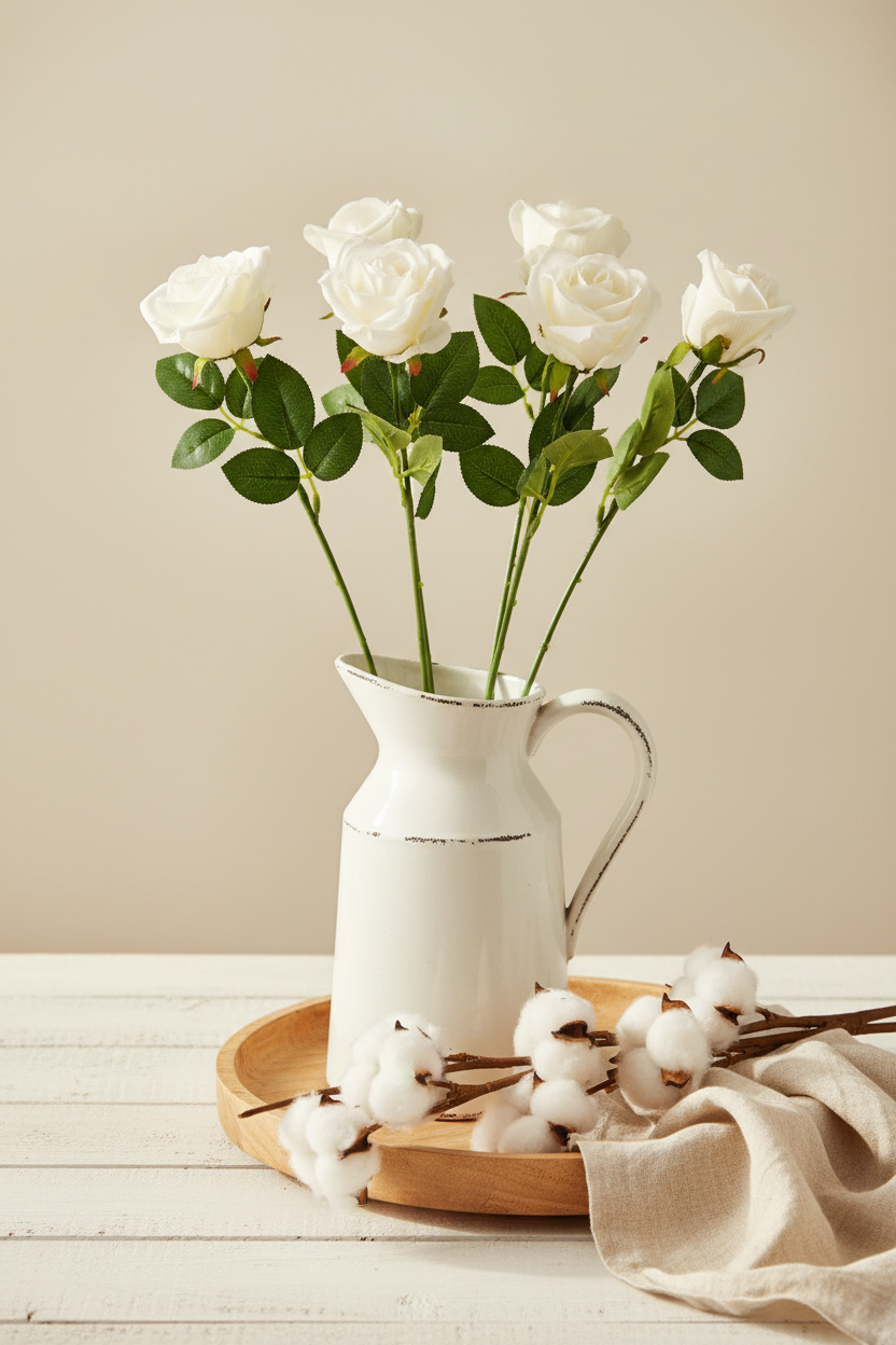 Set of 6 faux white rose stems displayed in a white ceramic farmhouse pitcher on a shiplap wood surface with linen accents and cotton stems
