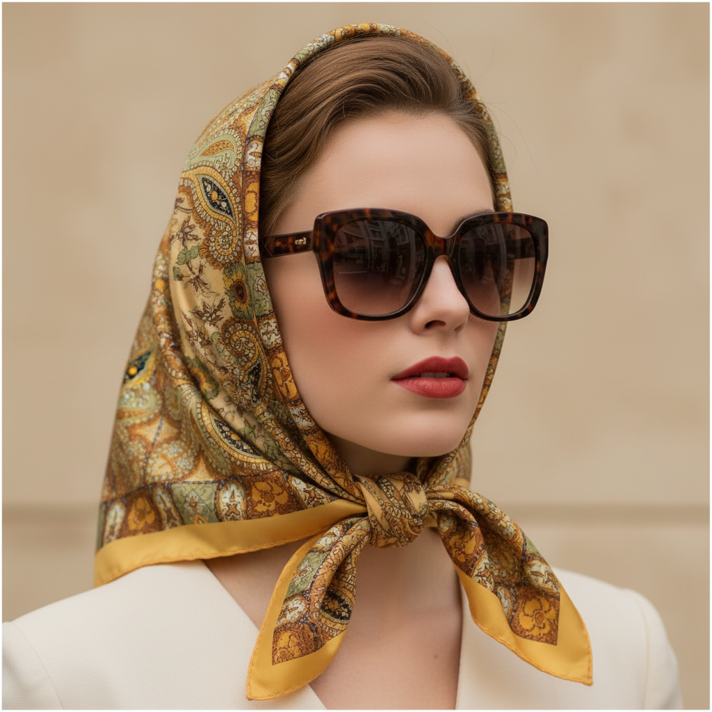 Woman wearing golden honey gold paisley satin scarf as a vintage glamour head scarf with sunglasses – 35 inch square scarf