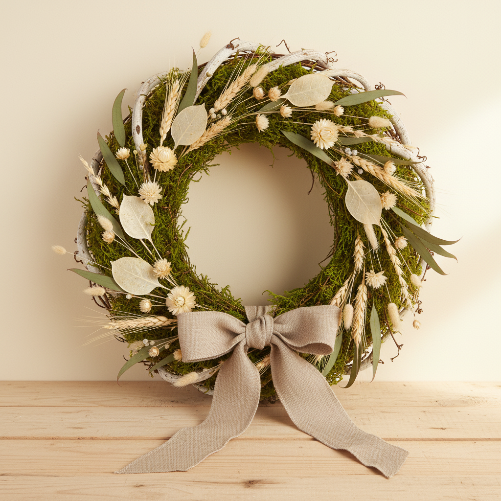 Artificial green decorative moss tucked into a rustic farmhouse wreath with dried botanicals and neutral ribbon on a light wood surface