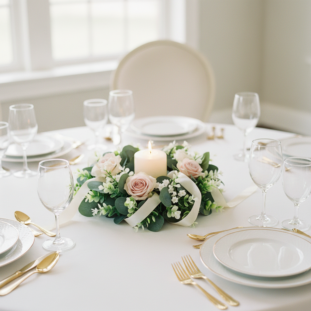 Eucalyptus wreath base styled as elegant wedding table centerpiece with candles and flowers