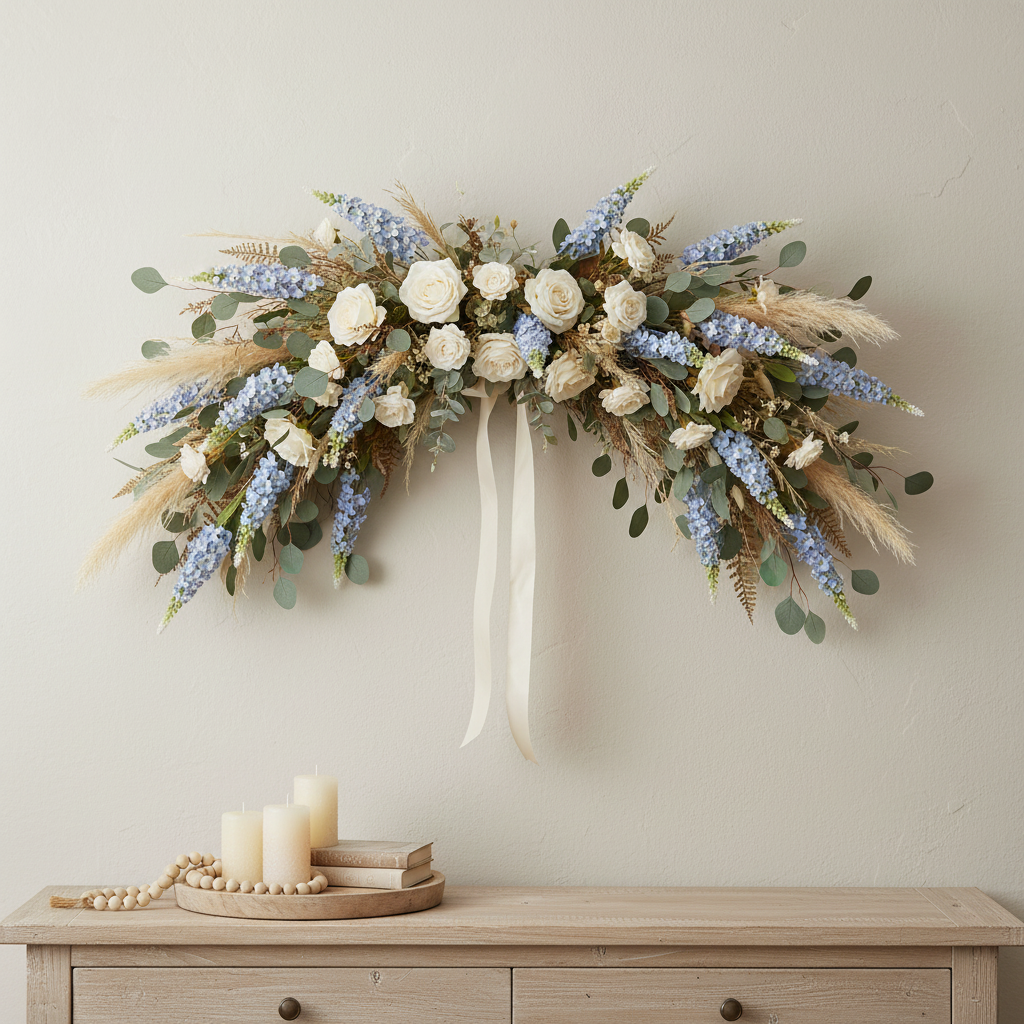 Light blue snapdragon larkspur spike stems in a boho fall wall swag with ivory roses, eucalyptus, dried botanicals, and cream ribbon on a neutral wall