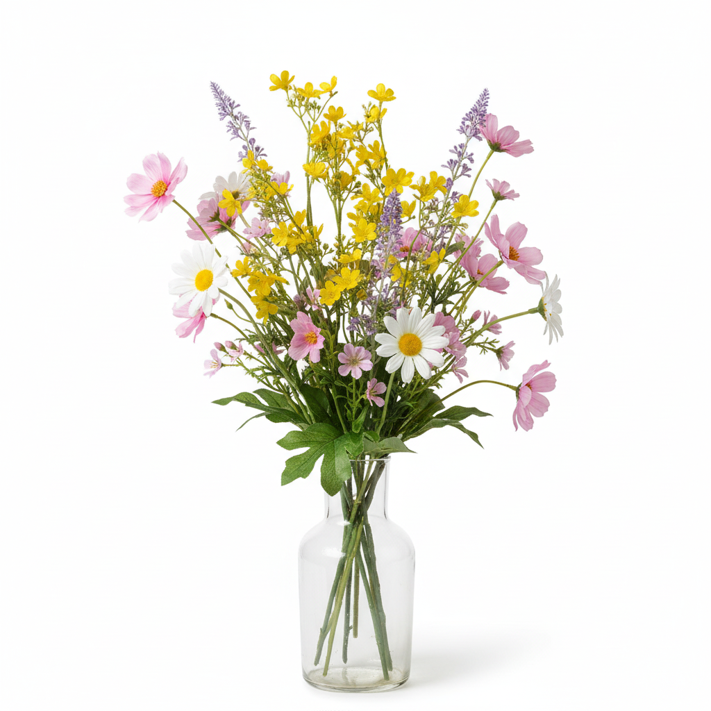 Artificial buttercup yellow dogwood stems as filler in spring wildflower bouquet with white daisies, lavender, and pink cosmos