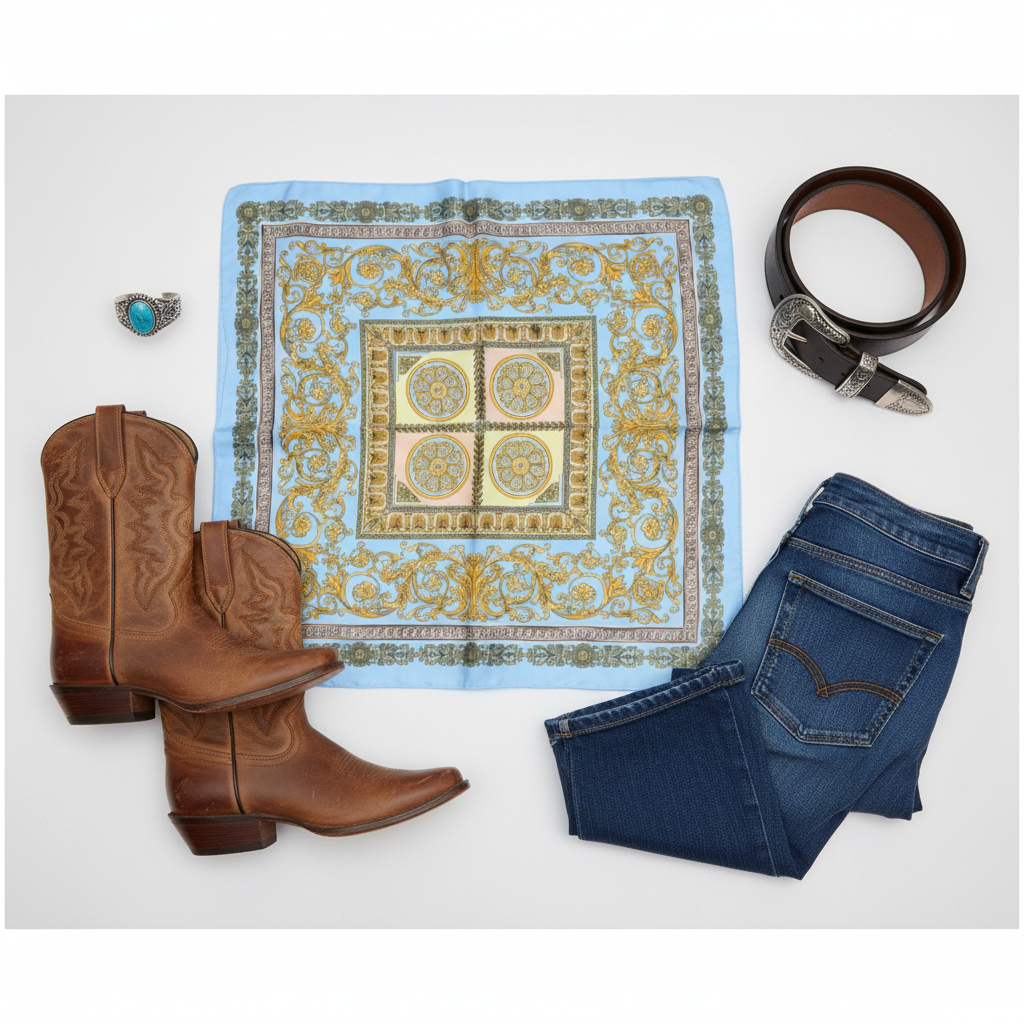 Flat lay baroque scarf with cowboy boots leather belt turquoise jewelry denim western accessories 35x35