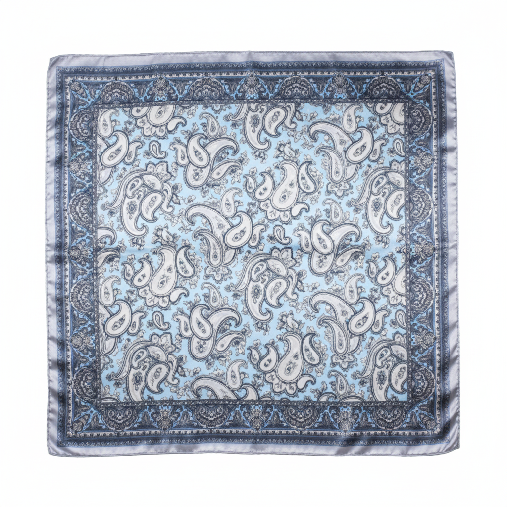 Light blue black and white paisley satin square scarf flat lay top-down view fully unfolded 23x23 inches white studio background
