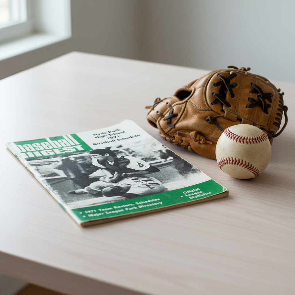 Baseball Digest 1971 with baseball glove and vintage baseball memorabilia