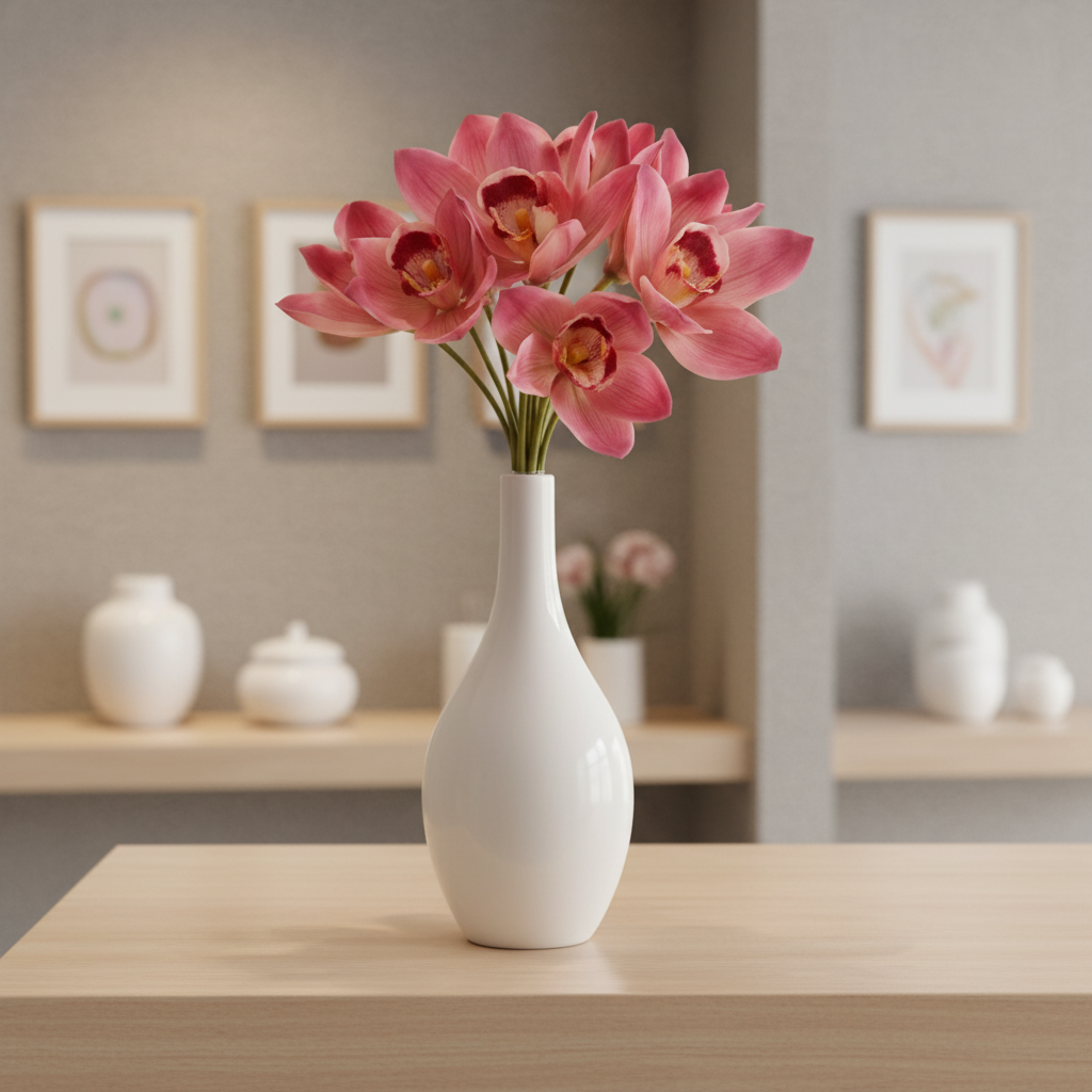 Artificial pink and burgundy Cymbidium orchid bouquet in a white ceramic vase on a wooden shelf in a modern spa boutique setting