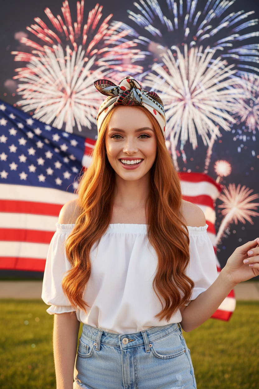 Woman with light skin long wavy red hair wearing cream red polka dot satin square scarf as head wrap white top denim shorts 4th of July patriotic summer setting 20x20