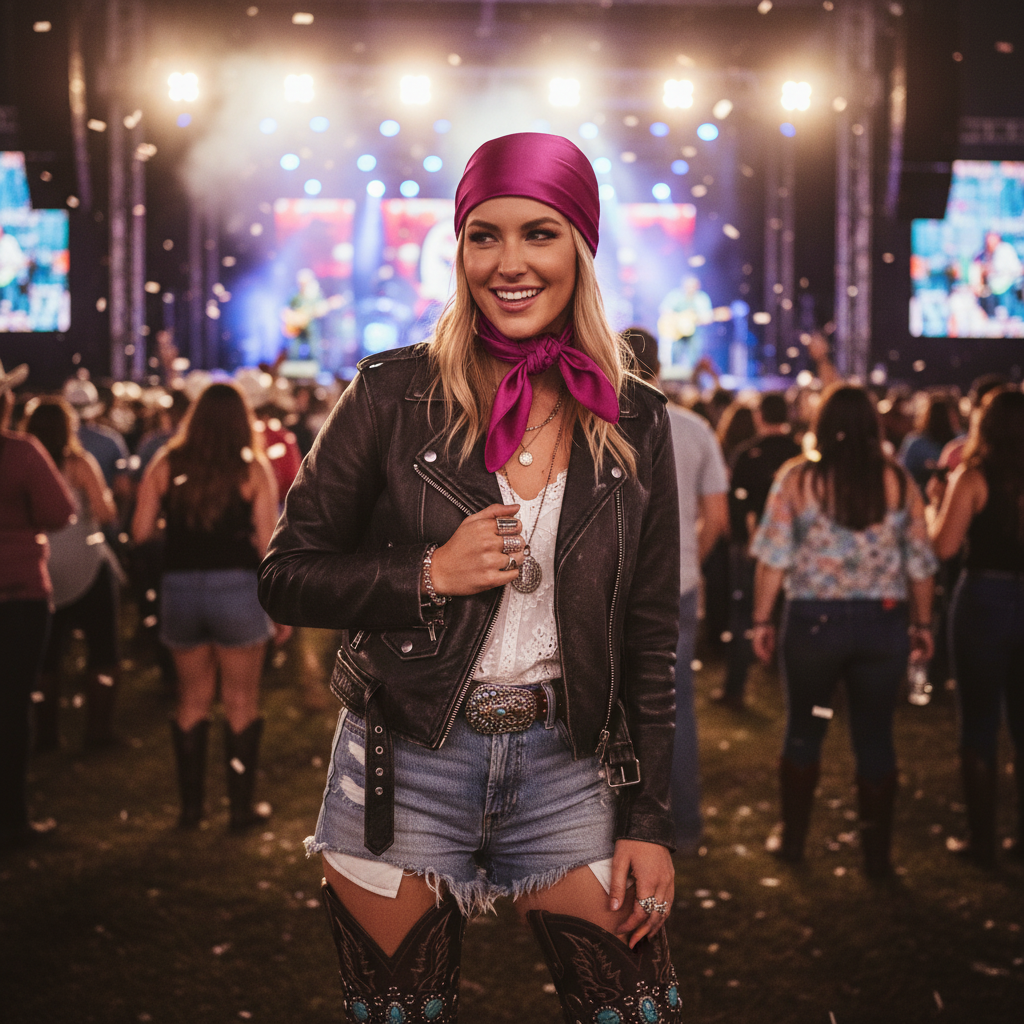 Dark pink wild rag styled as head scarf with leather jacket and boots, country concert cowgirl fashion