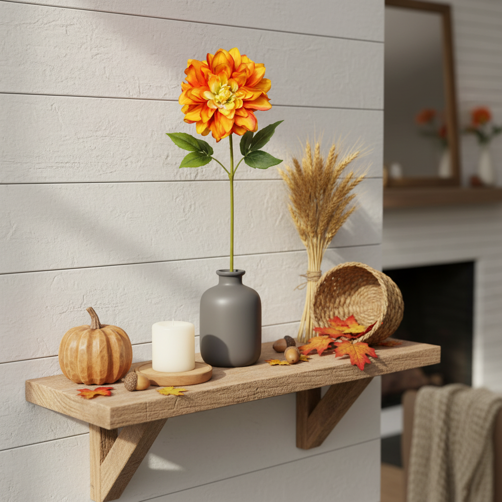 Rustic farmhouse shelf with orange dahlia faux flower stem, wooden pumpkin, dried wheat bundle and autumn decor