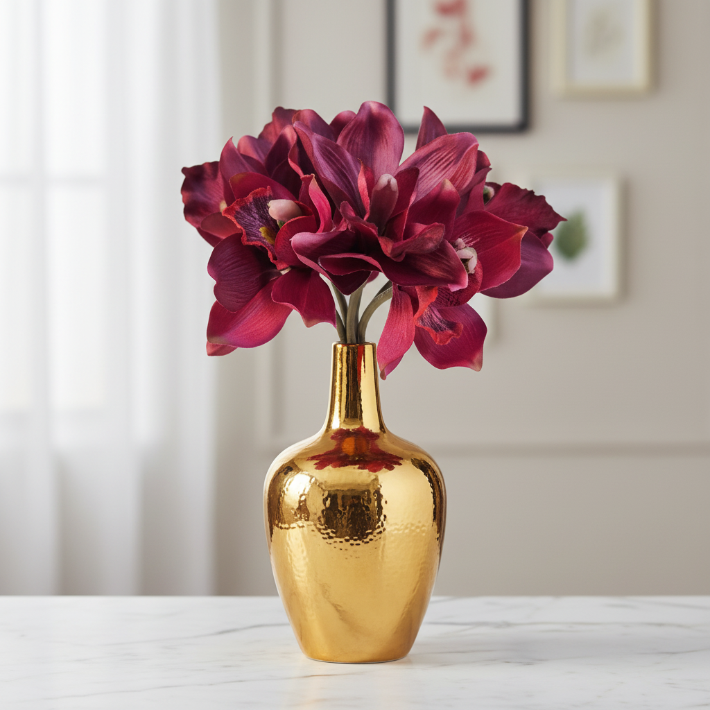 Mulberry pink faux Cymbidium orchid stems in gold ceramic vase on marble surface