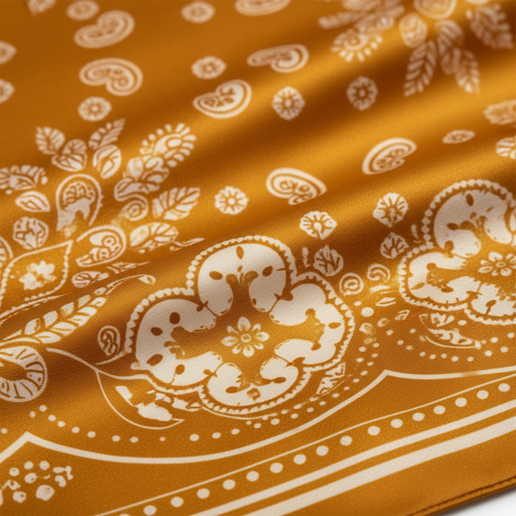 Close-up fabric detail of golden amber satin polyester with intricate white paisley print, smooth silky texture with subtle sheen