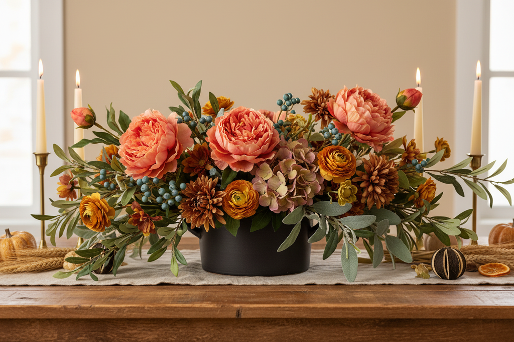Peach coral artificial silk peony stems in low horizontal dough bowl arrangement with mustard ranunculus, bronze chrysanthemums, and muted teal berries, Thanksgiving tablescape on linen runner