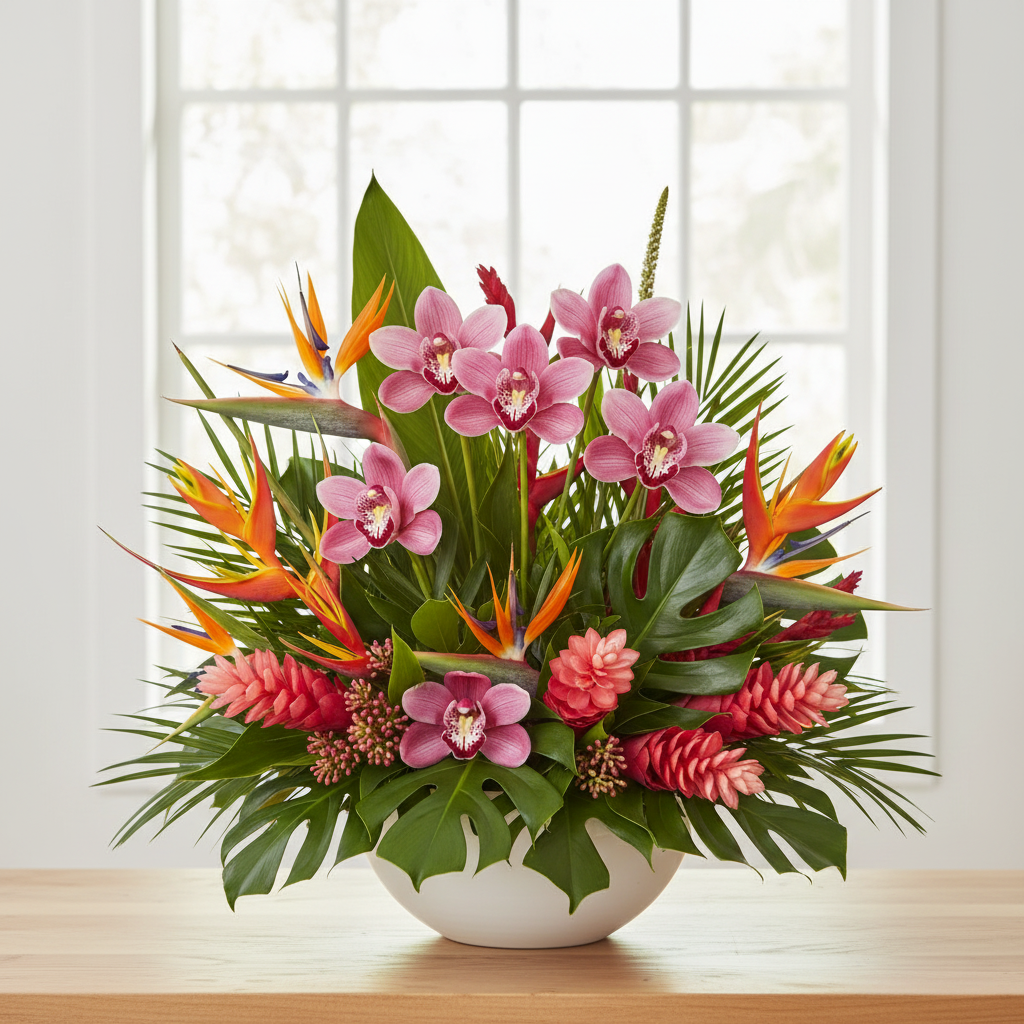 Deep hot pink Cymbidium orchid stems in a lush tropical floral arrangement with bird of paradise, heliconia, and tropical leaves in a white ceramic vase