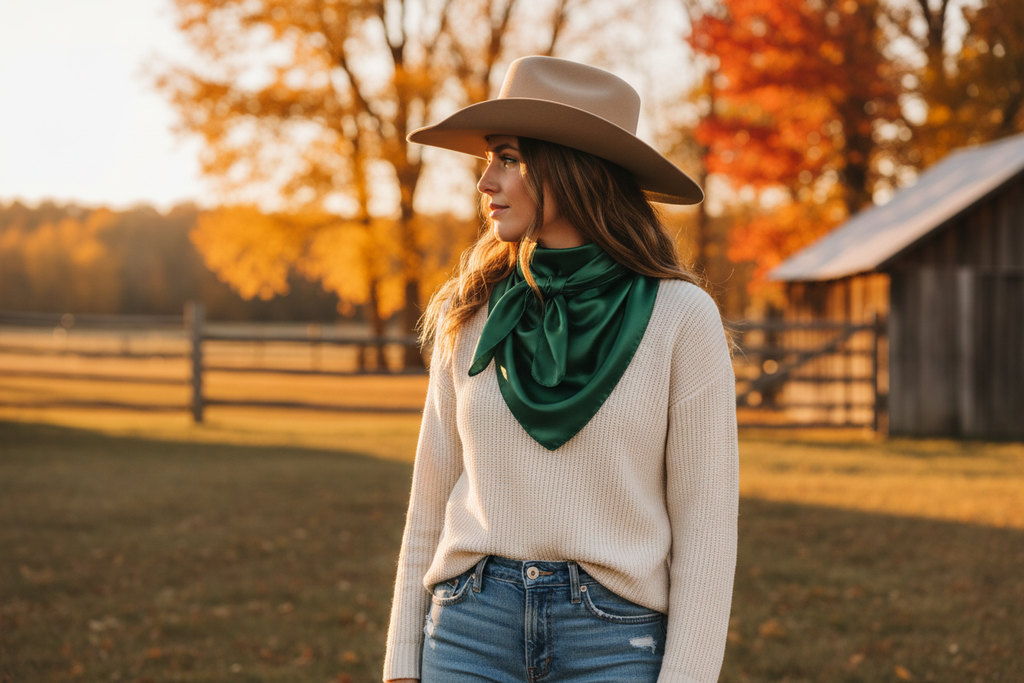 Forest green wild rag at fall ranch with autumn foliage, cream sweater and denim