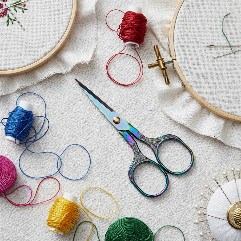 Ornate multicolor iridescent embroidery scissors on white linen with embroidery hoop, colorful threads and needles