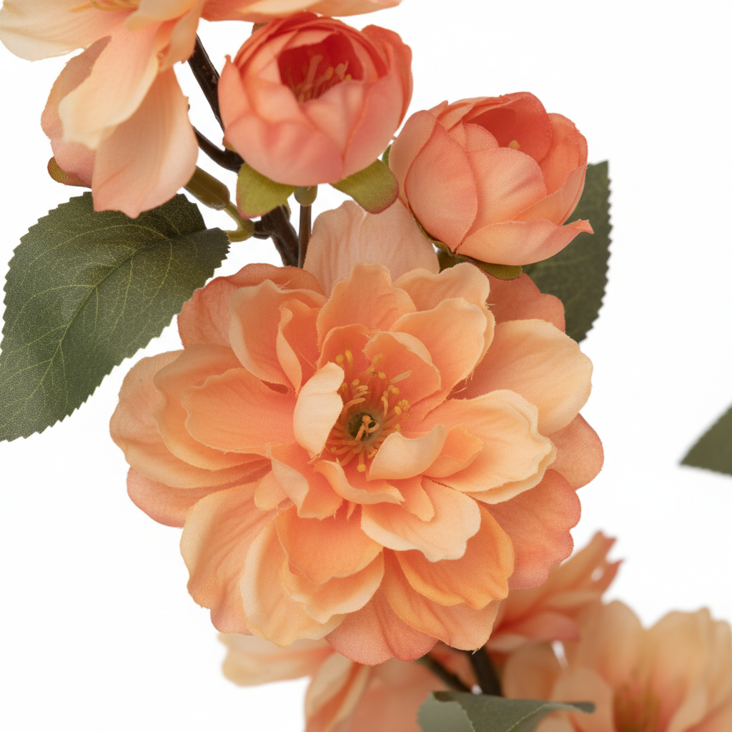 Close-up detail of artificial peach blossom blooms showing soft orange and peach petals with realistic green leaves