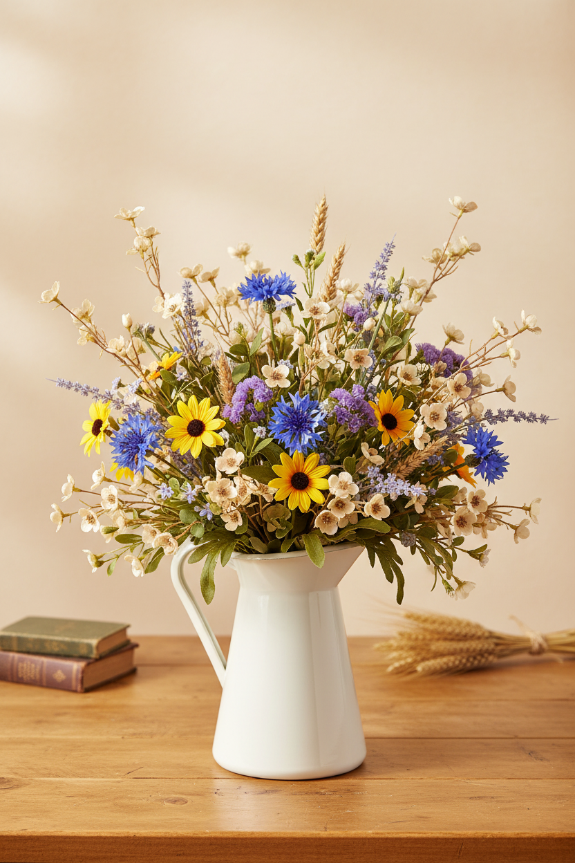 Cream beige dogwood wildflower stems in vintage ironstone pitcher with blue cornflowers, yellow black-eyed Susans, and lavender statice - farmhouse wildflower meadow arrangement