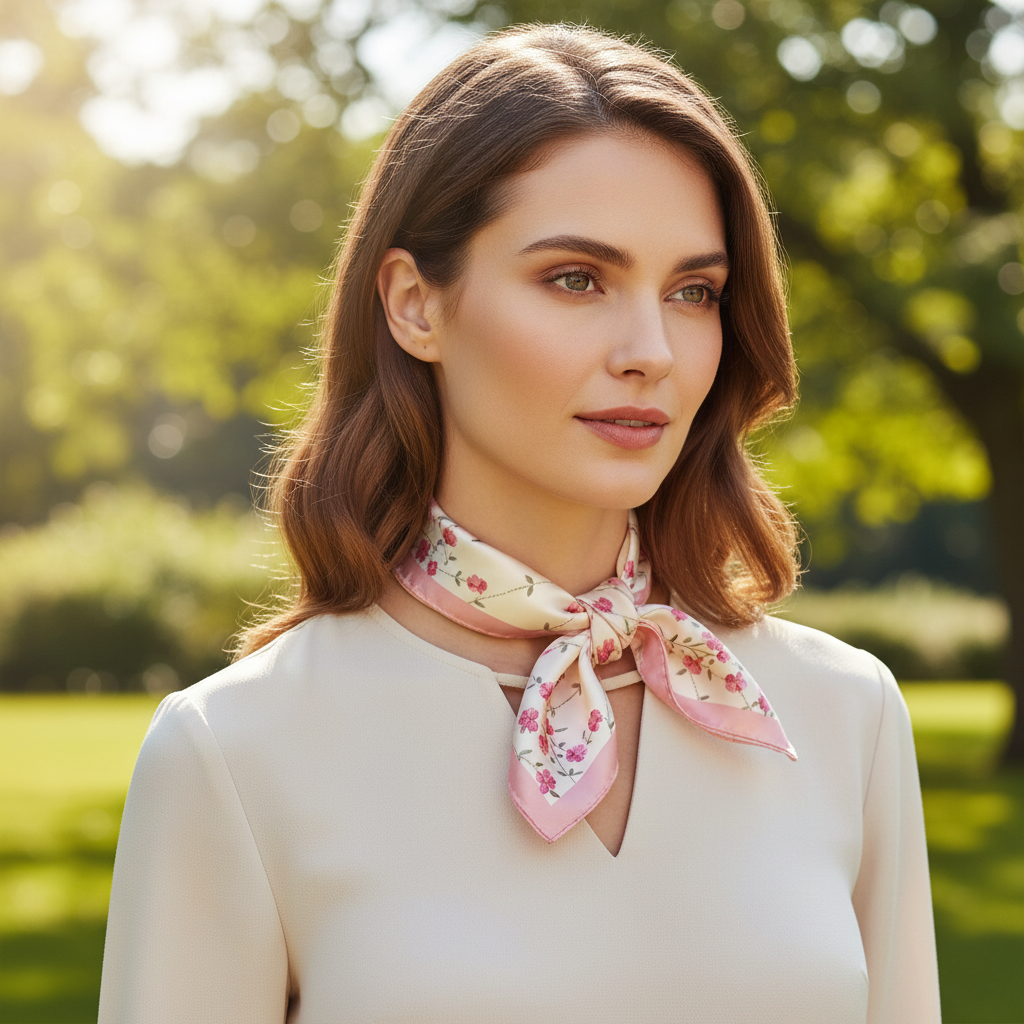 Woman wearing pink floral satin scarf as compact square neck accessory