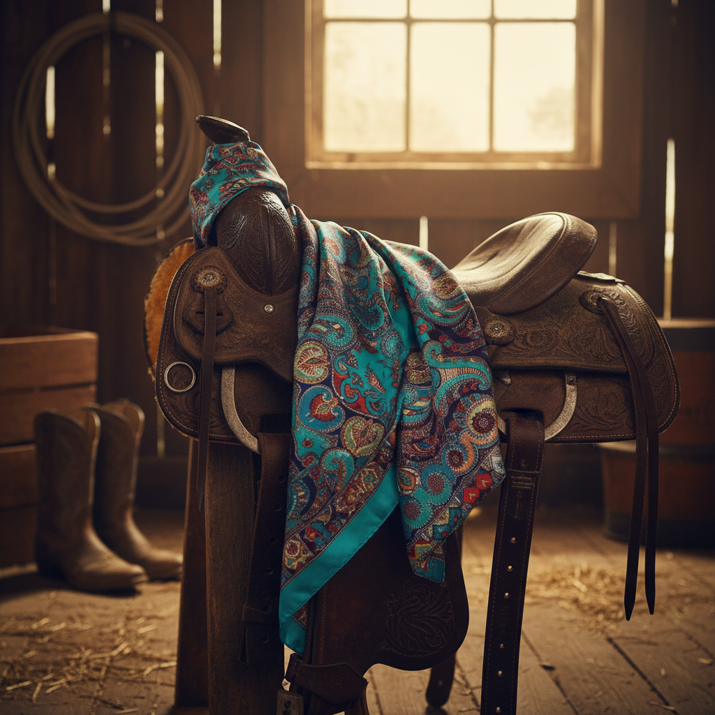 Turquoise paisley wild rag scarf on vintage leather saddle barn setting cowgirl western decor