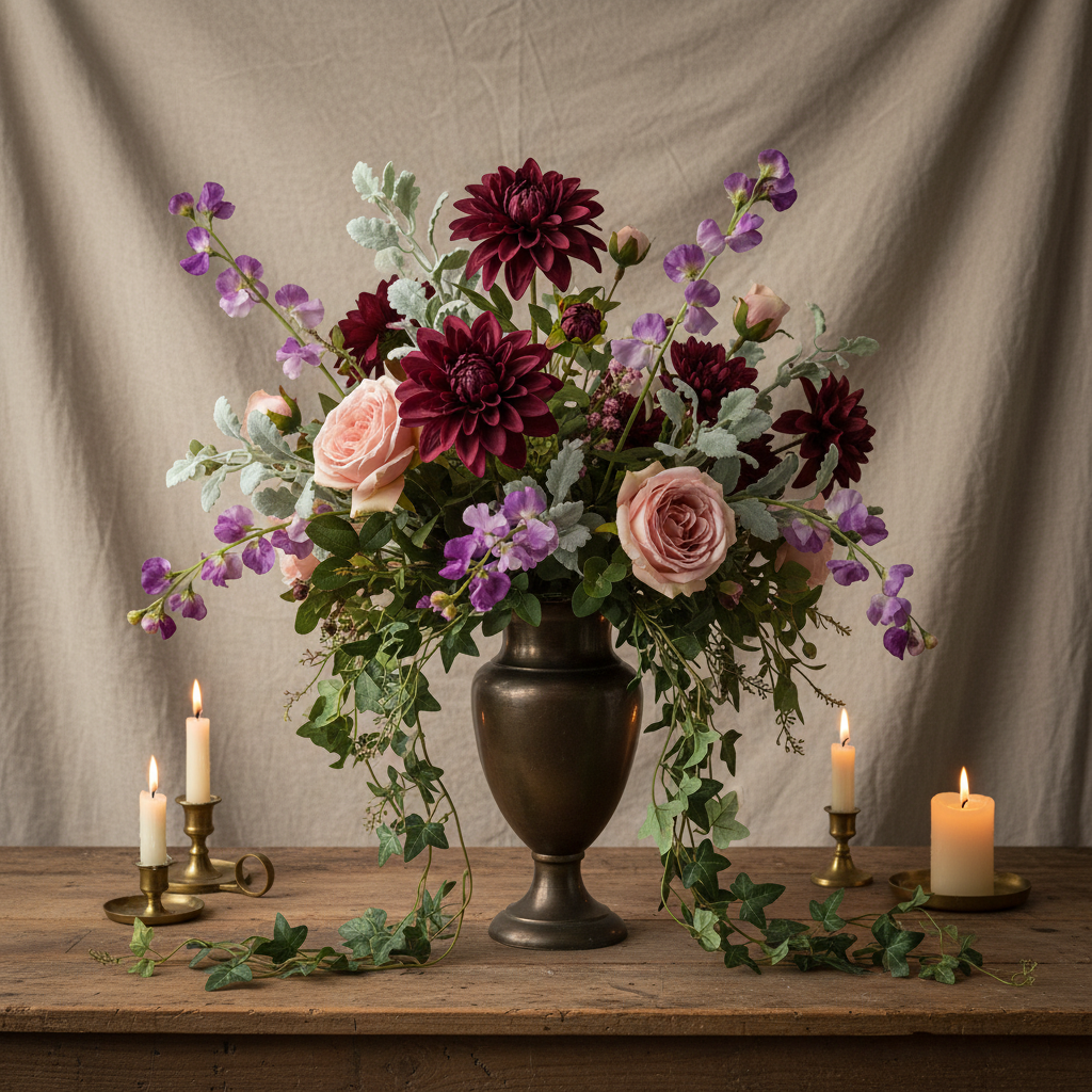 Purple sweet pea artificial flower stems mixed with burgundy dahlias and blush roses in a bronze vase moody country arrangement