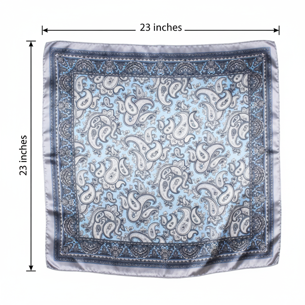 Light blue black and white paisley satin square scarf measurement diagram showing 23 inches by 23 inches dimensions flat lay on white background