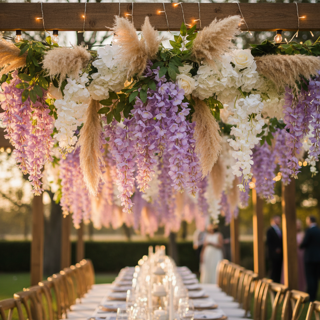 Artificial lavender wisteria stem draped over a boho ceiling installation with string lights and pampas grass at a garden party