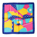 Retro Geometric Satin Scarf 20x20 Pop Geometry Square Scarf with Pink Yellow Turquoise Navy Pattern on White Background