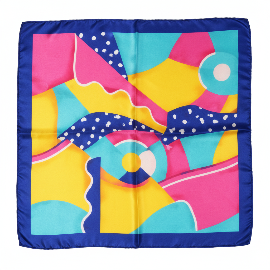 Retro Geometric Satin Scarf 20x20 Pop Geometry Square Scarf with Pink Yellow Turquoise Navy Pattern on White Background