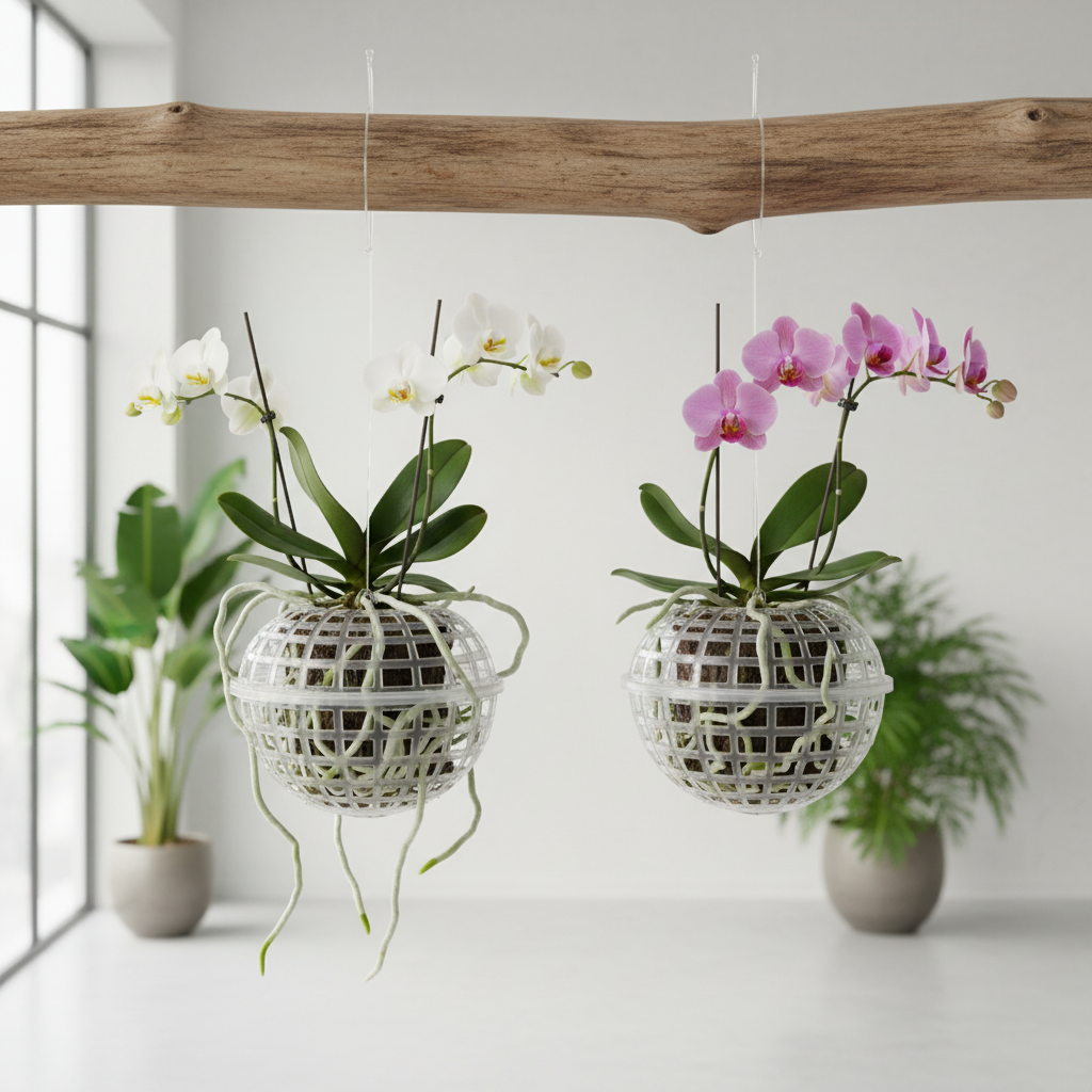 Clear plastic sphere basket hanging with pink orchid growing through ventilated grid