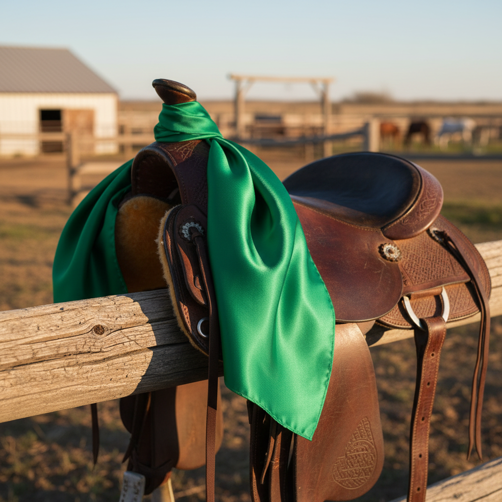 Emerald green satin wild rag scarf draped over western saddle