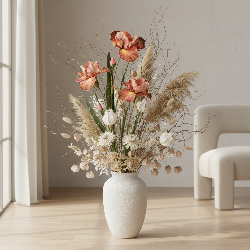 Luxury floral arrangement with terracotta pink artificial iris, dried twigs, pampas grass, and neutral dried flowers in tall floor vase, organic sophisticated styling