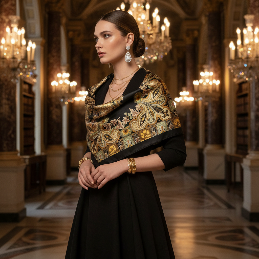 Woman wearing black, gold, and sage green paisley floral satin square scarf draped as a shoulder wrap over an evening gown in a grand European interior – High Luxury editorial style