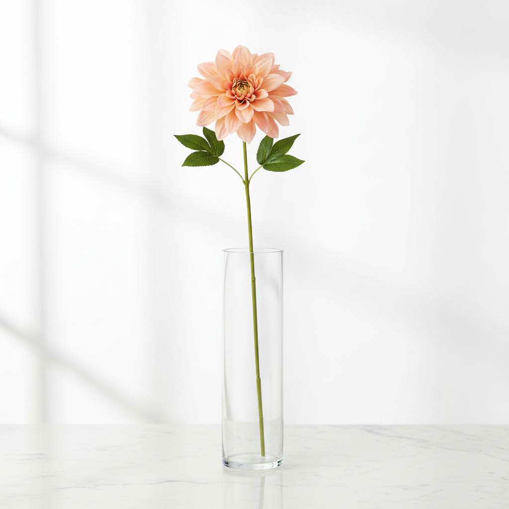 Single soft peach dahlia faux flower stem in tall clear glass vase on white marble countertop