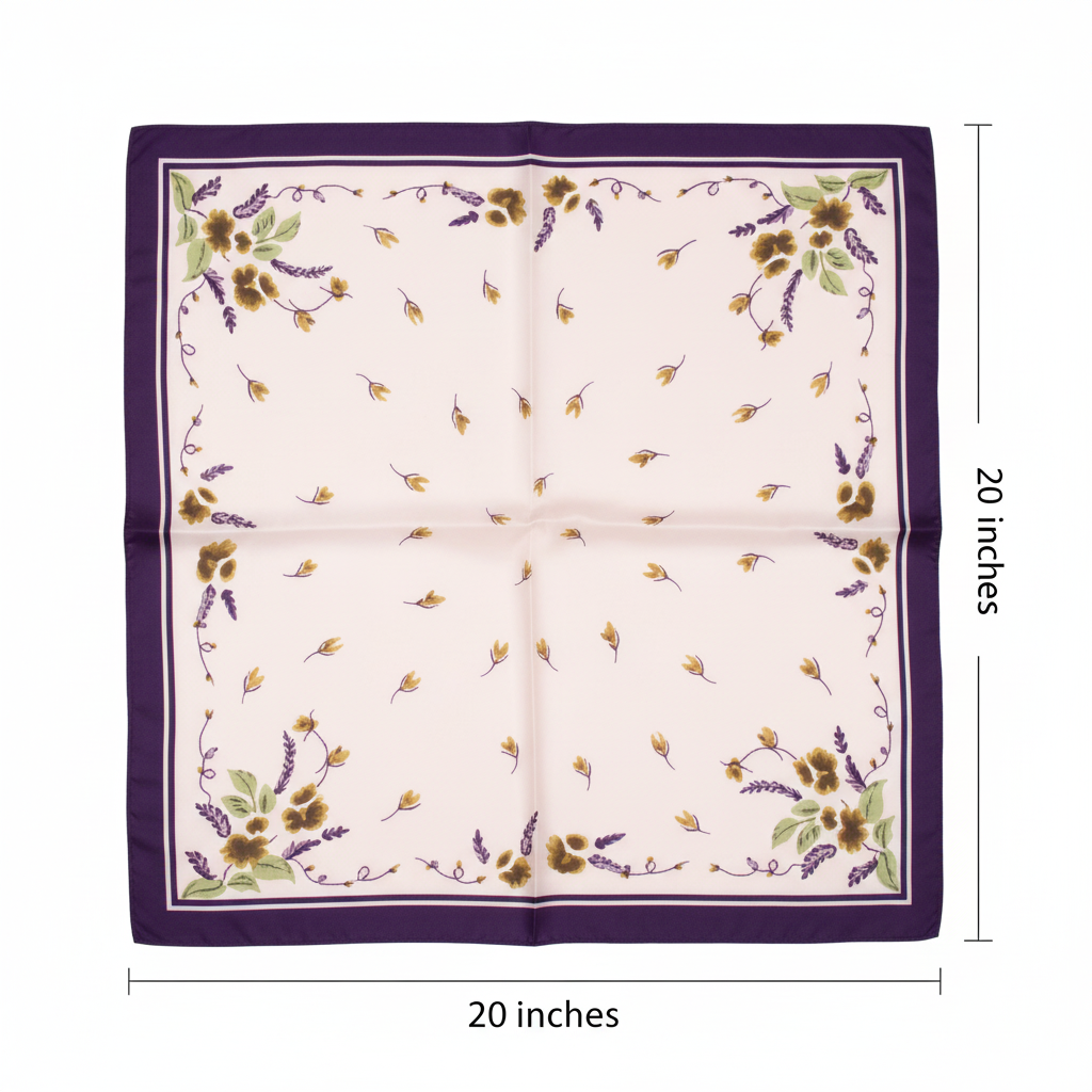 Blush pink and purple floral satin scarf measurement diagram showing 20x20 inch dimensions