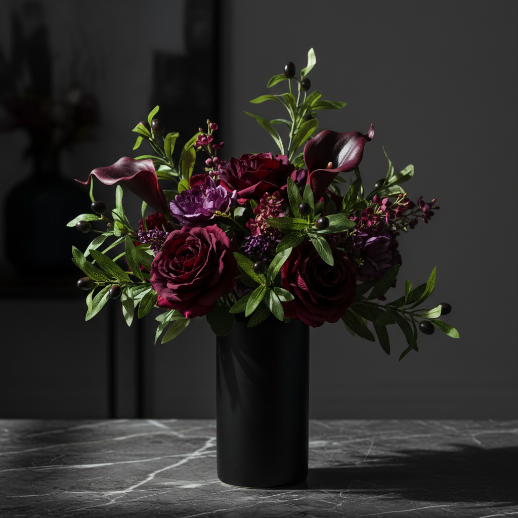 Artificial olive branch stems with dark berries mixed with deep burgundy and purple flowers in black vase on dark marble