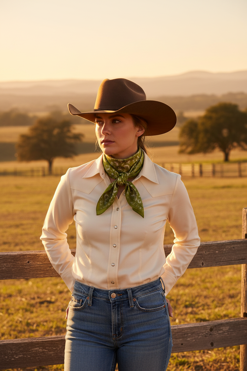 Olive green satin paisley wild rag scarf tied in a short compact knot at the throat, worn by a cowgirl in a western shirt and cowboy hat with a ranch fence and golden hour landscape in the background