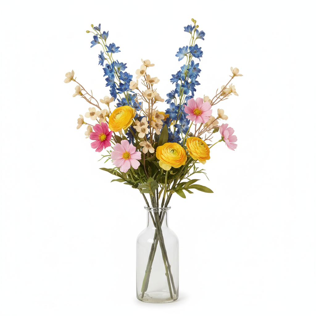 Artificial cream beige dogwood stems mixed with faux blue, yellow, and pink wildflowers in loose meadow-style arrangement