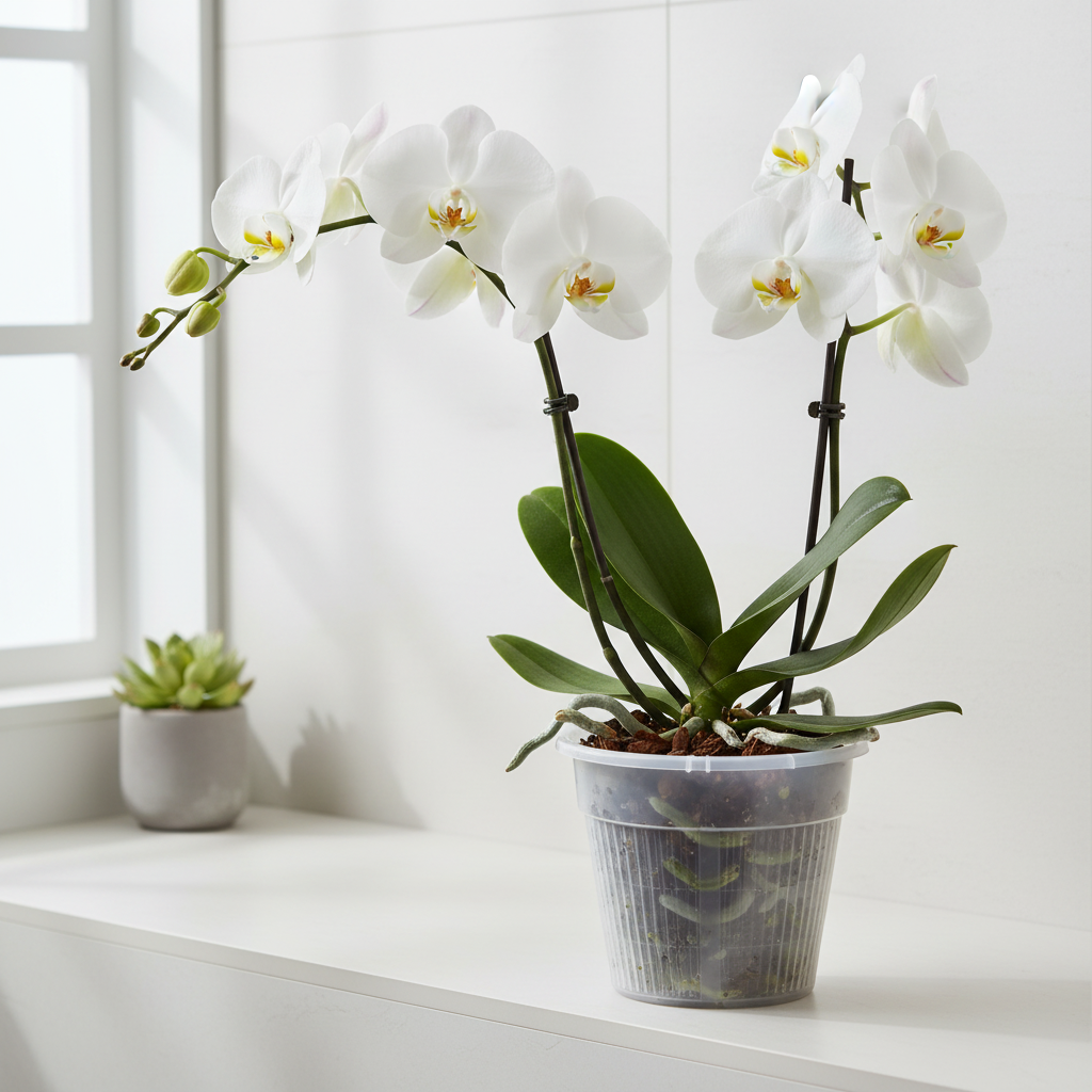 Clear 6 inch slotted orchid pot with open ventilation slits holding a white orchid on a modern bathroom shelf