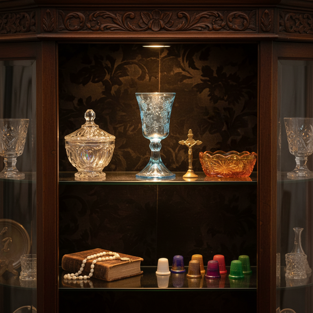 Vintage blue communion chalice displayed in antique curio cabinet as religious collectible