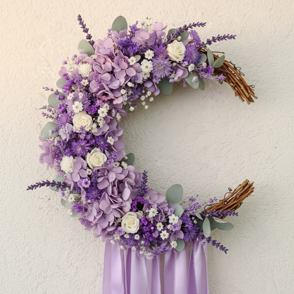 Crescent moon wreath with lavender purple flowers and silver eucalyptus