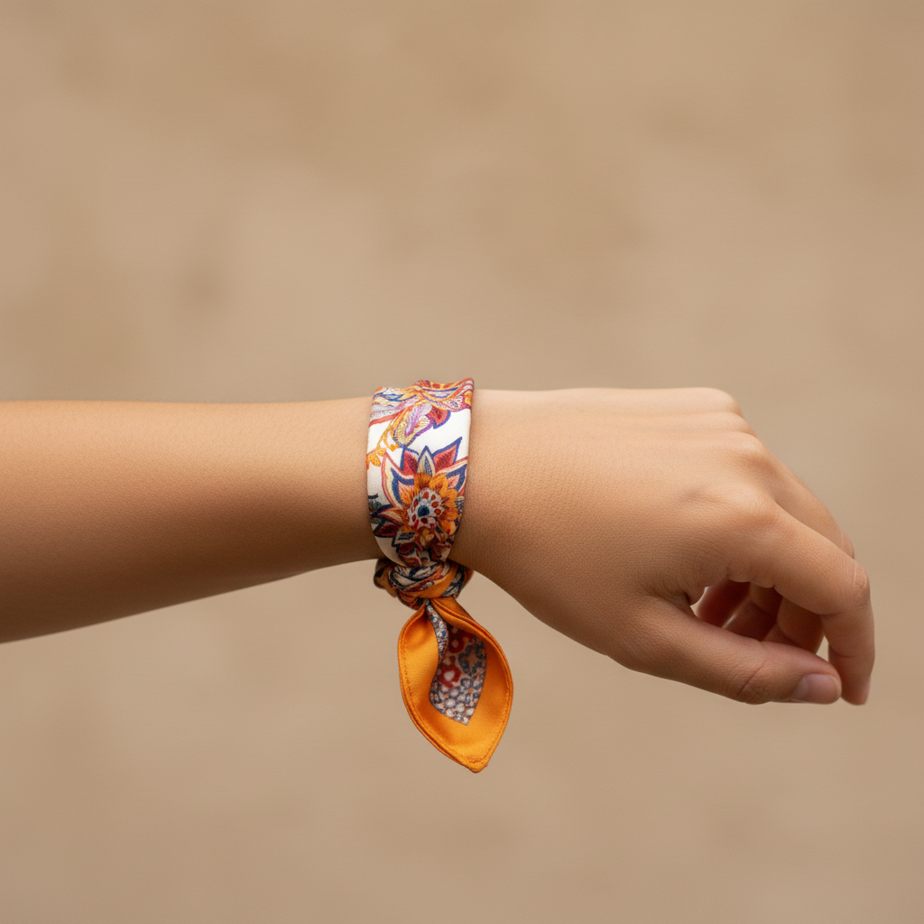 Orange floral bohemian square scarf wrapped around wrist as stylish boho bracelet accessory