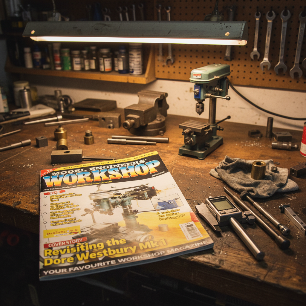 Model Engineers Workshop magazine on workshop bench with machining tools