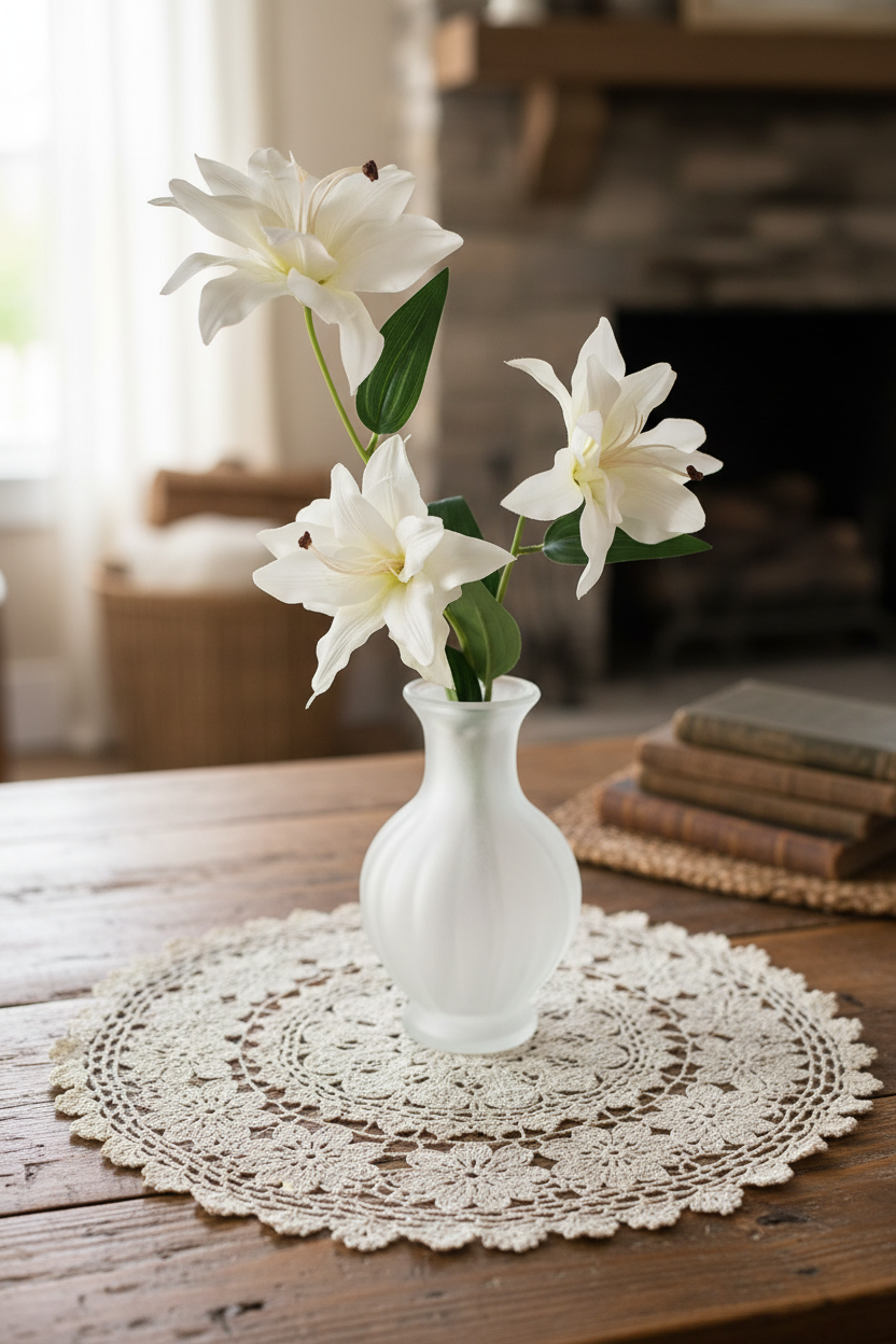 White lily stems in frosted glass vase on rustic wood table with lace doily, cozy cottagecore home decor