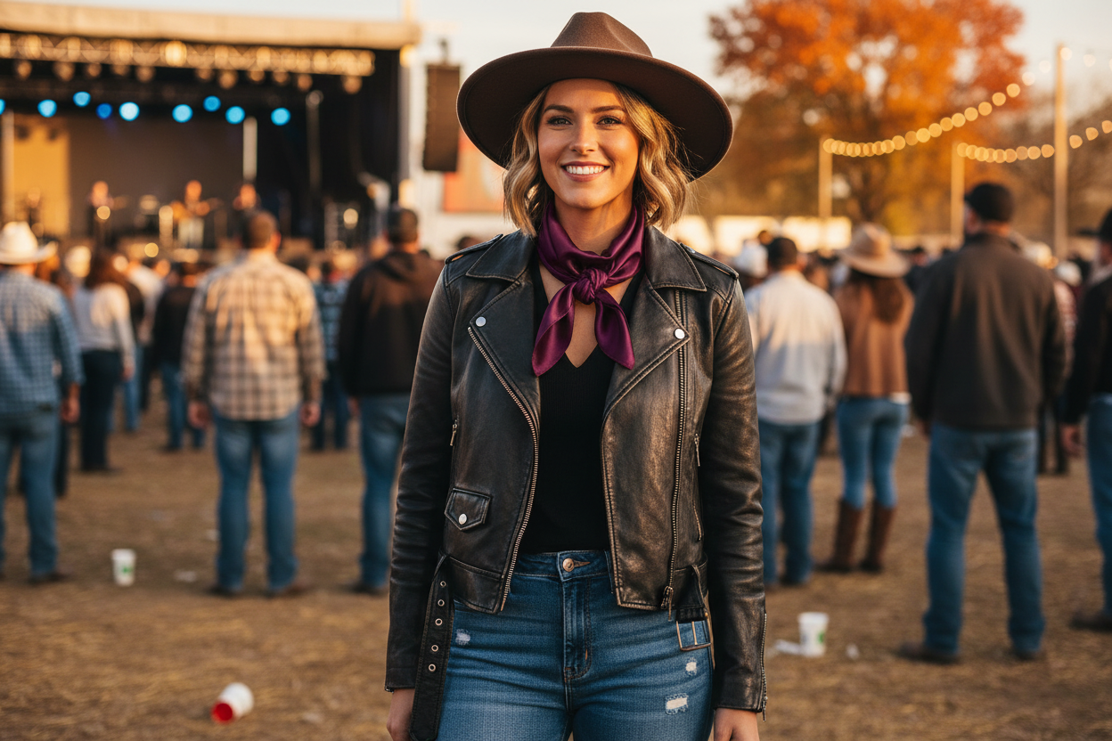 Eggplant purple wild rag at country concert with black leather jacket and denim