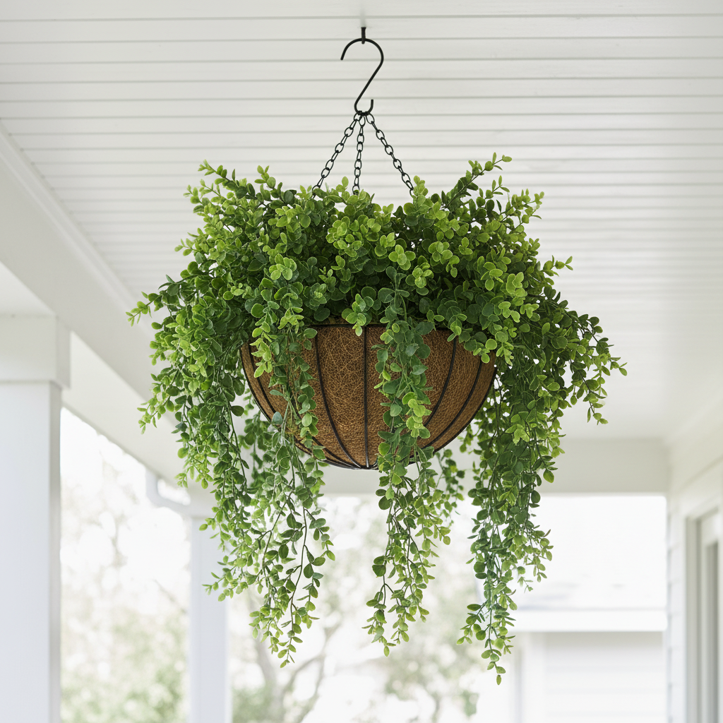 Set of 2 artificial trailing hanging greenery bushes with small dense rounded dark green leaves overflowing from a round wire hanging basket on a porch hook, stems cascading down naturally, farmhouse cottage style